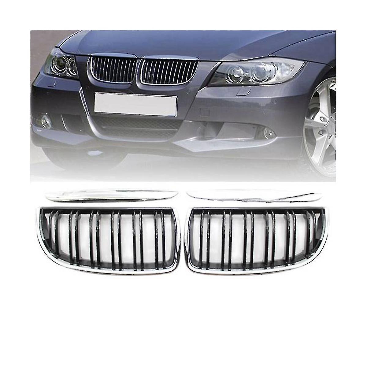 Car Chrome Double Line Front Hood Kidney Mesh Sport Grills For 3 Series E90 E91 2005-2008