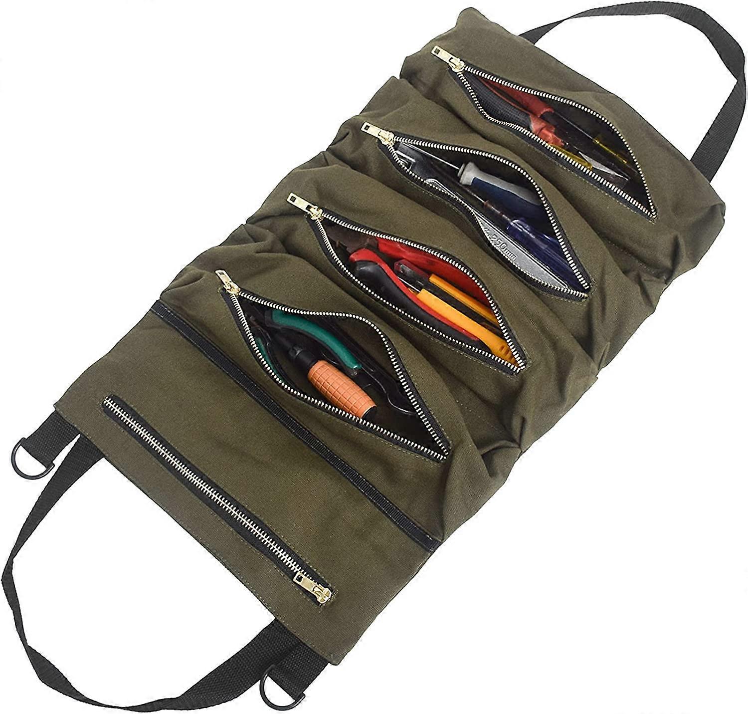 Canvas Tool Bag, Roll Up Tool Bag, Portable Canvas Tool Bag, With 5 Multi-Function Canvas Zippered Pockets, For Electrician Plumber Or Mechanic (Army 