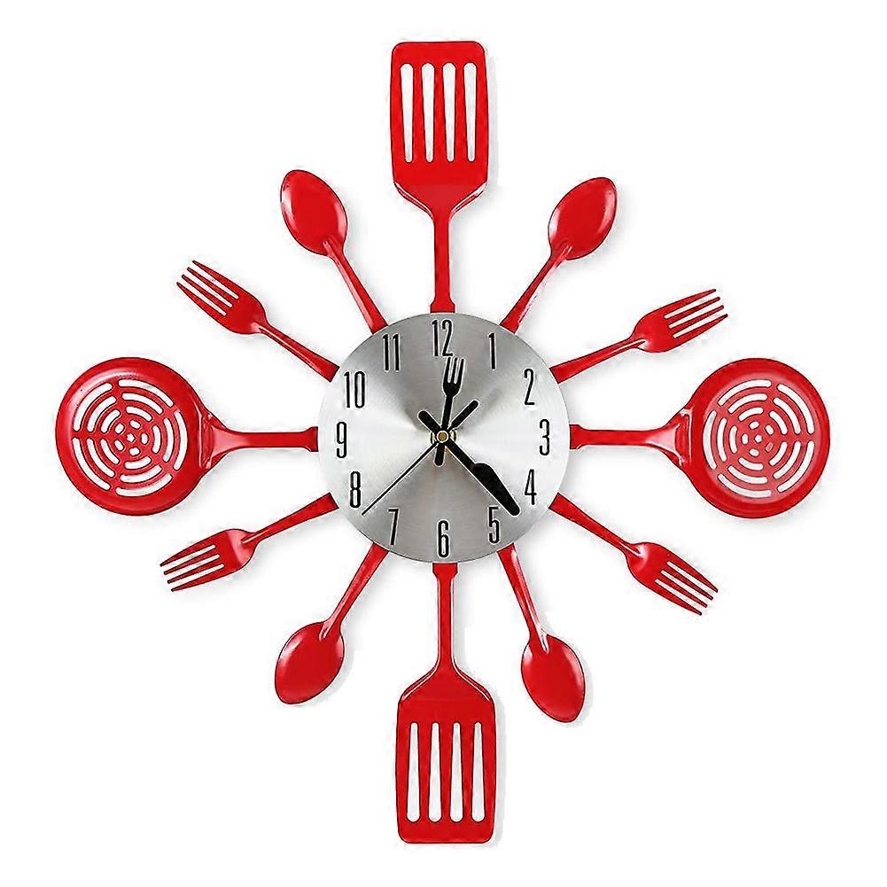 16 Inch Kitchen Wall Clocks with Spoons and Forks,3D Tableware Wall Clock Room (Red)