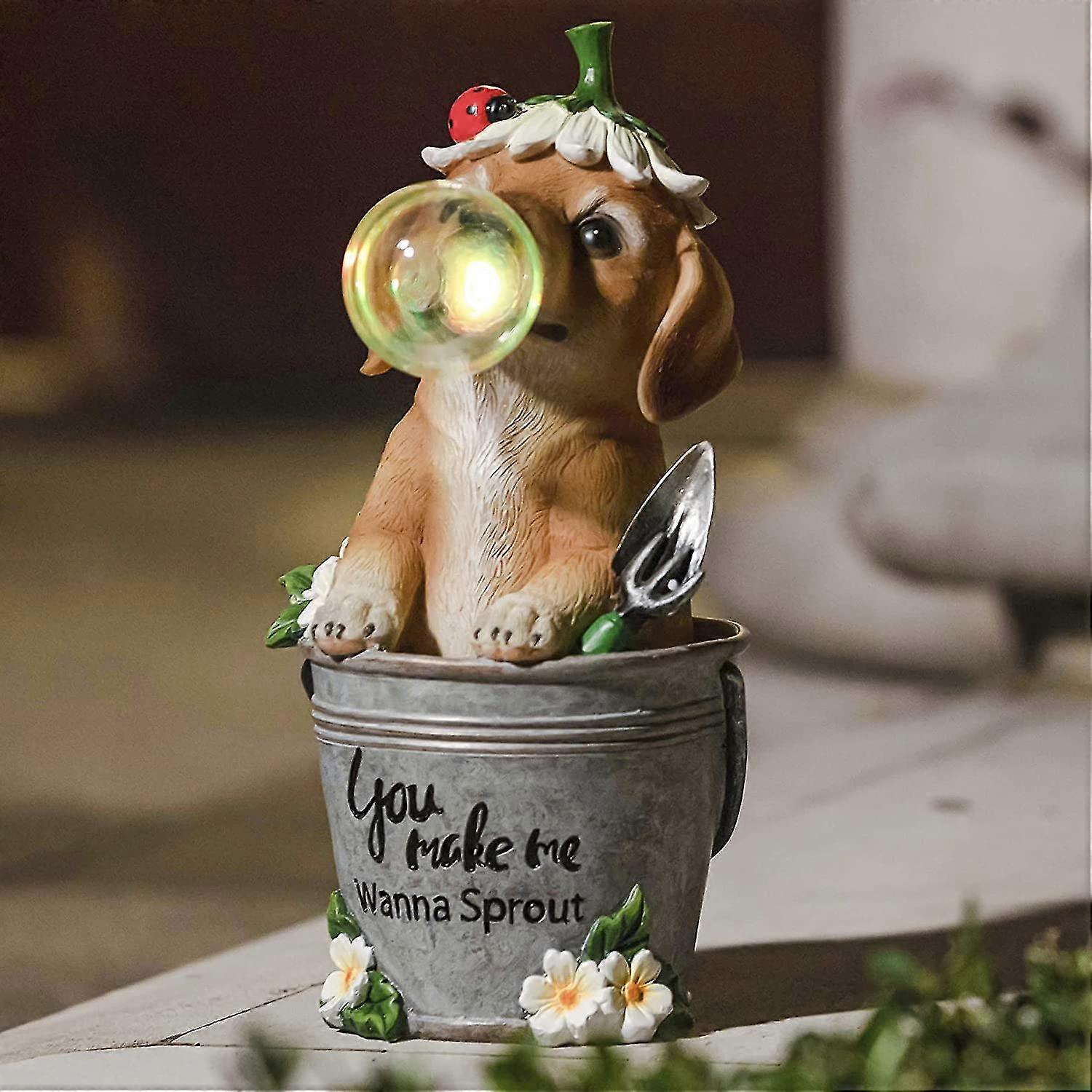 Garden Statue - Puppy With Bubble Gum And Solar Powered Led Lights,29.8 * 15.6cm