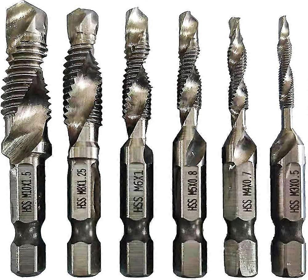 6pcs Combination Drill And Tap Bit Set Metric Hex Deburr Milling Bits Metric Drill Set (silver)