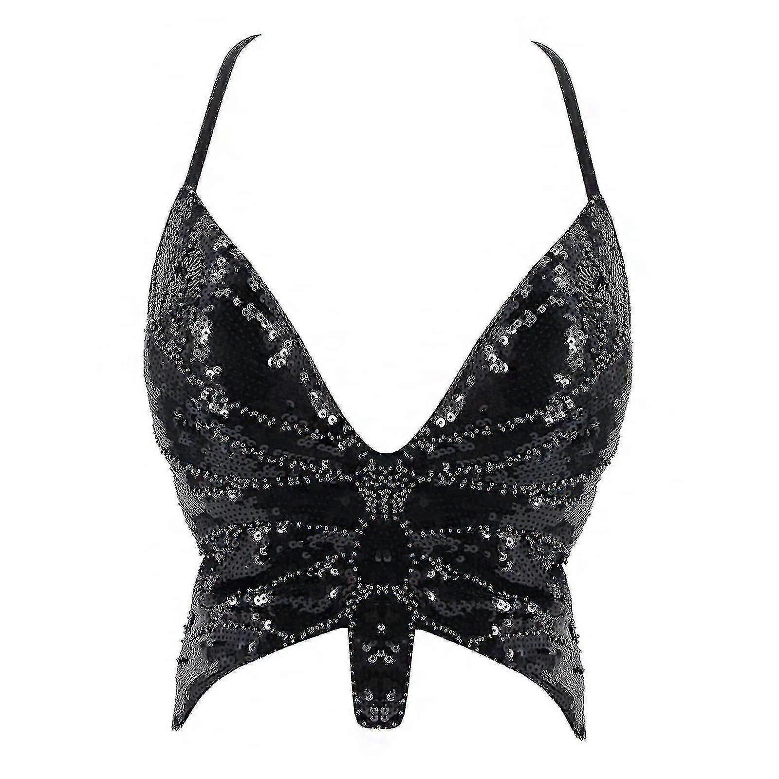 Christmas Y2k Butterfly Sequin Crop Top Women Summer Backless V Neck Sexy Club Costume Outfits Festival Clothes New Bandage Bra Tops 2022