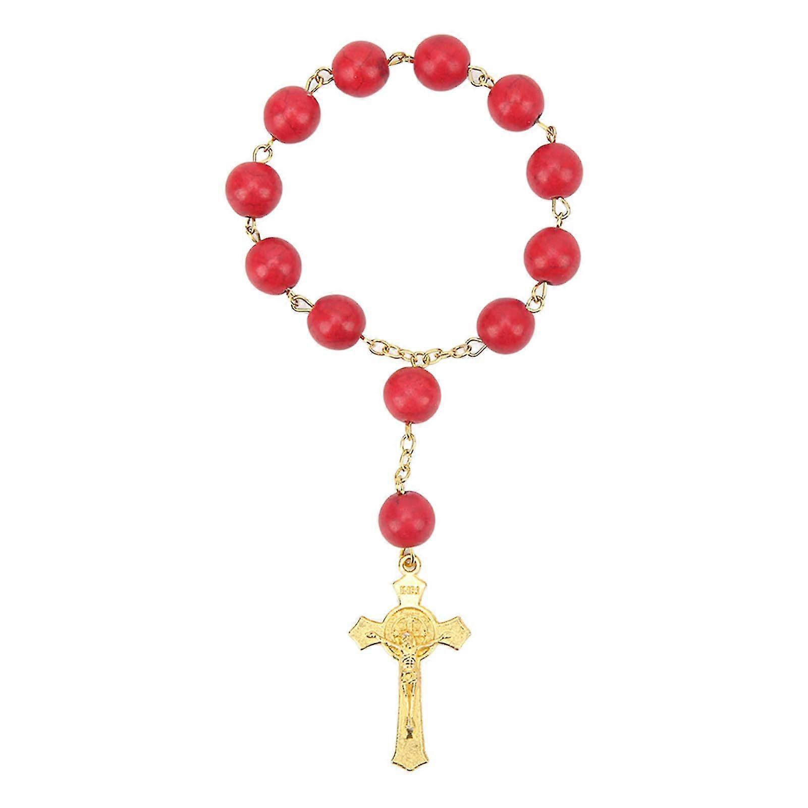Exquisite Red Car Hanging Rosary with Cross Portable Prayer Beads for Decoration