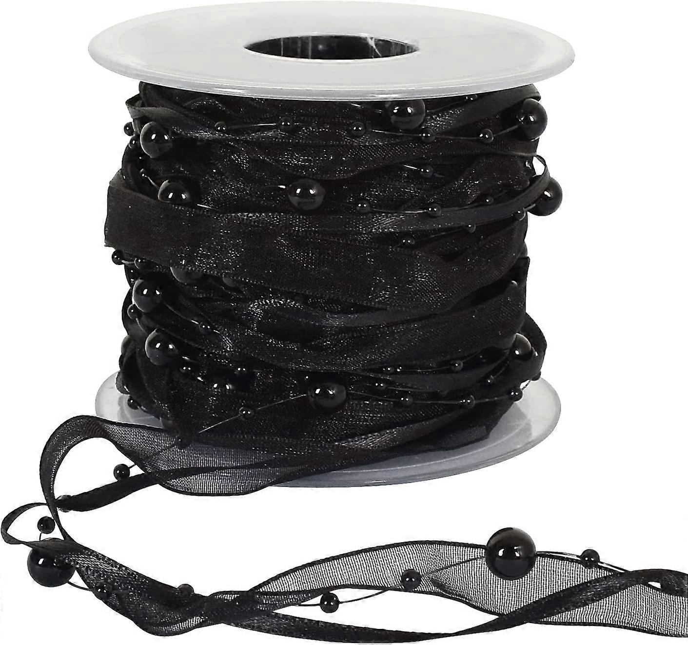 11 Yards Black Beads Chain Ribbon Artificial Pearls String Beads Sheer Chiffon Satin 3 Strings Style for Garland Wedding Party Crafts Decoration Gift 
