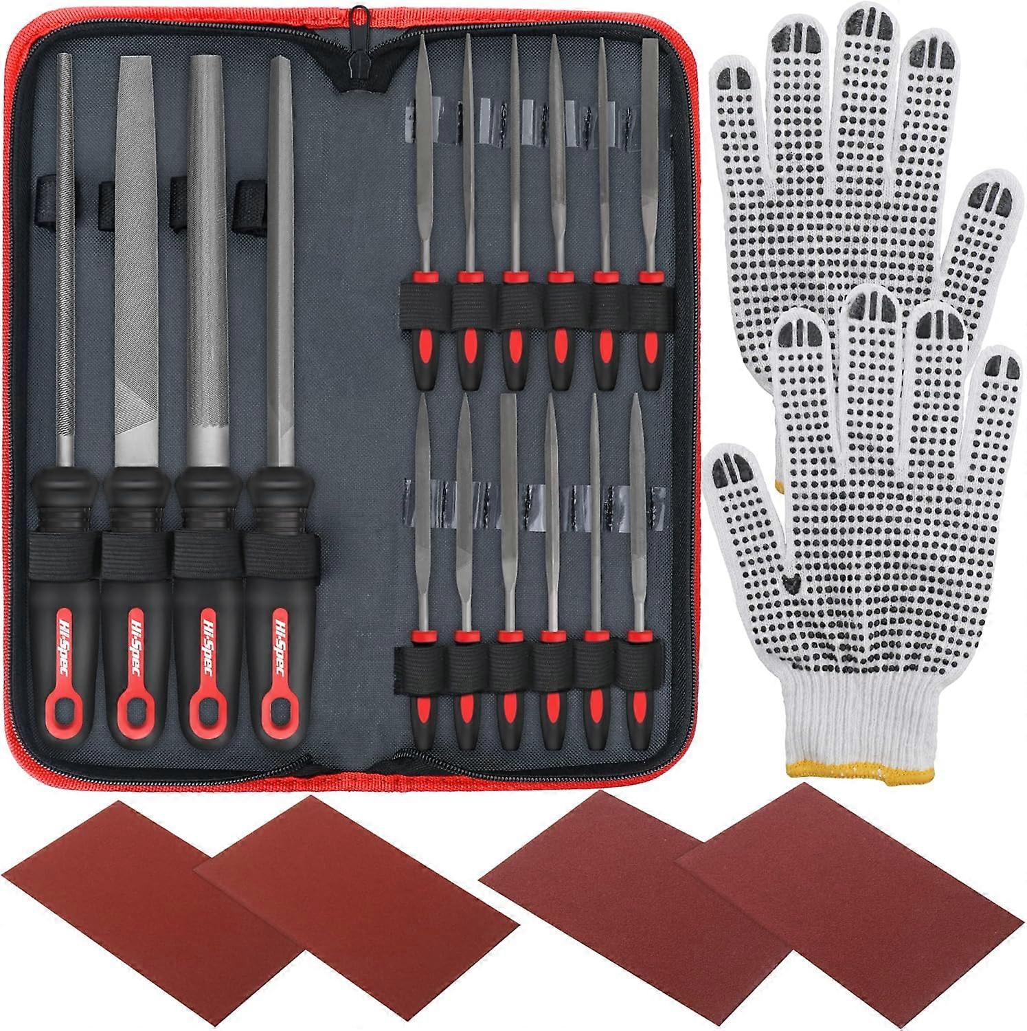 16 Piece Metal Hand File and Needle File Tool Set. Large and small mini T12 carbon steel flat, half, round and triangle files. Comes with zippered car