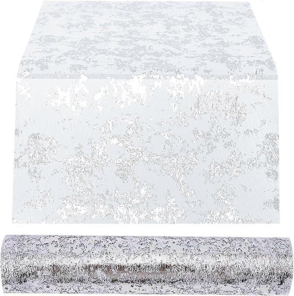 Silver Table Runner 11" x 360" Sequin Glitter Foil Metallic Thin Mesh Table Runners Roll Decorative Dining Table Centerpieces for Birthday Party Weddi