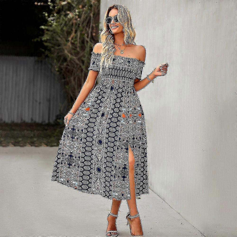 Élégant imprimé floral ourlet robes fendues femmes robe d’été Boho Holiday Slash col manches courtes Swing robe midi