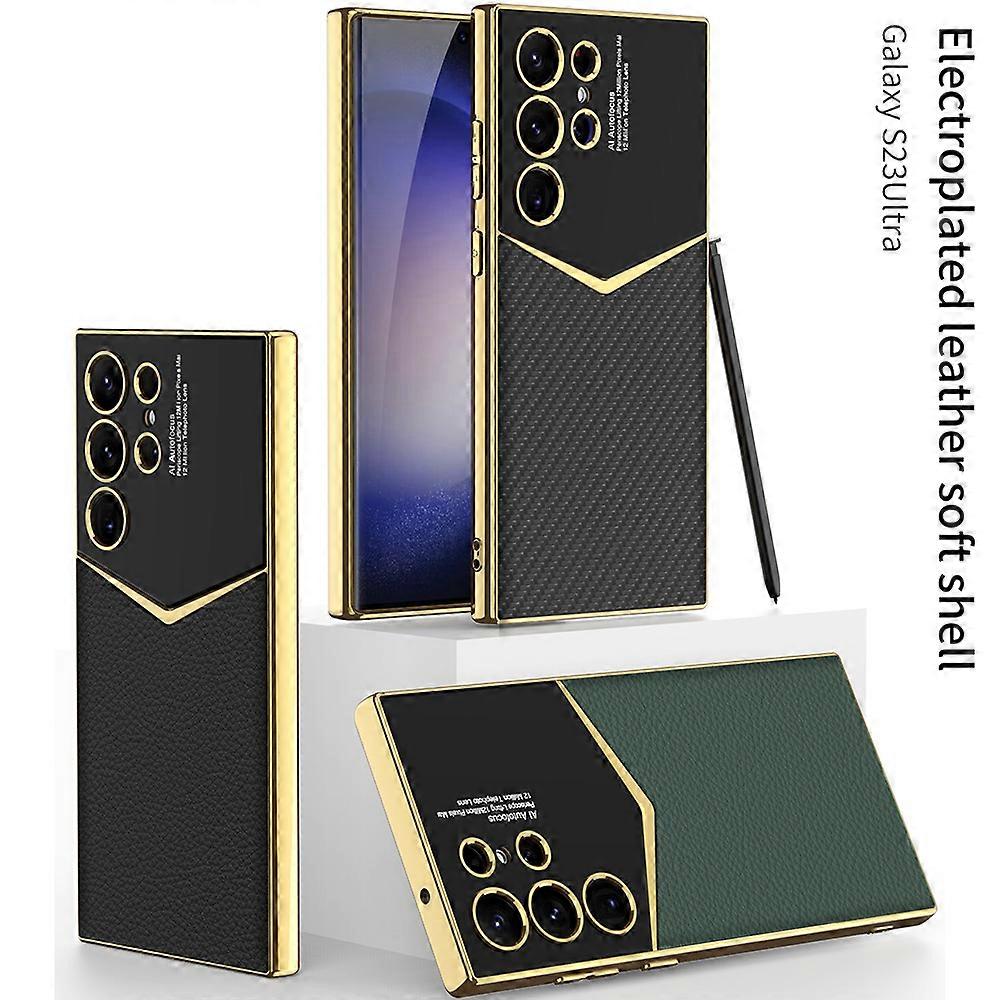 For Samsung S23 Ultra carbon fiber mobile phone case S23 plus plain leather protective cover S23 electroplating anti-drop shell--without pen