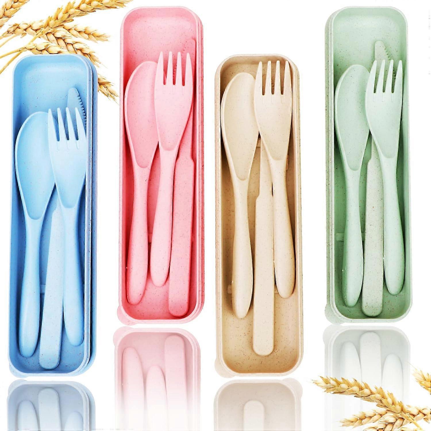 Reusable Travel Utensils Set with Case, 4 Sets Wheat Straw Portable Knife Fork Spoons Tableware, Eco-Friendly BPA Free Cutlery for Kids Adults Picnic 