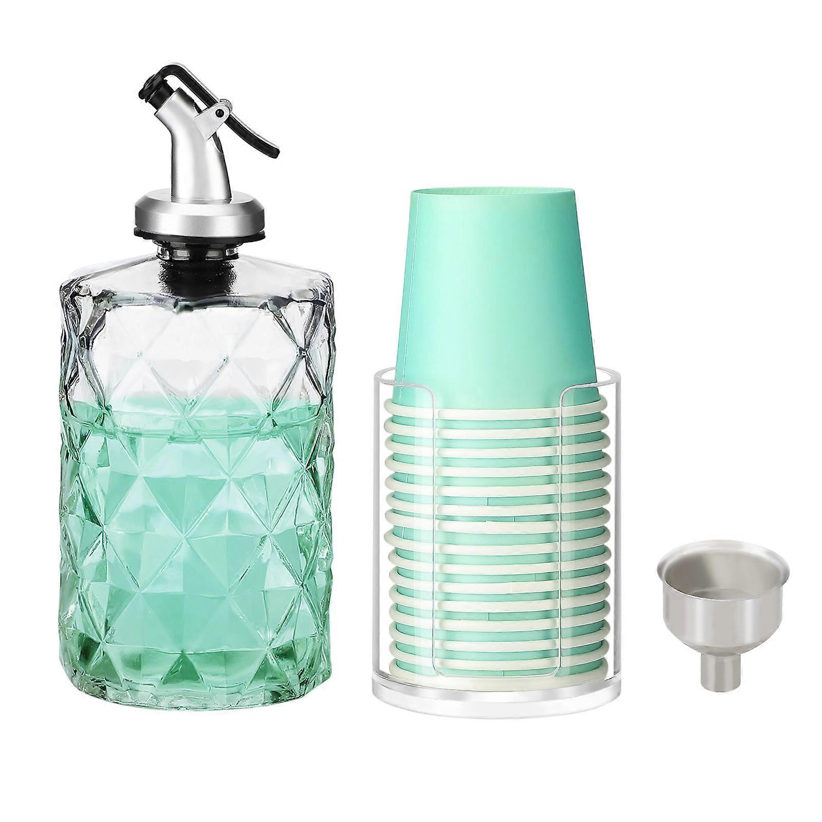 Dispenser per collutorio con portabicchieri e 15 bicchieri usa e getta per bagno, design elegante, flacone in vetro riutilizzabile, superficie diam...