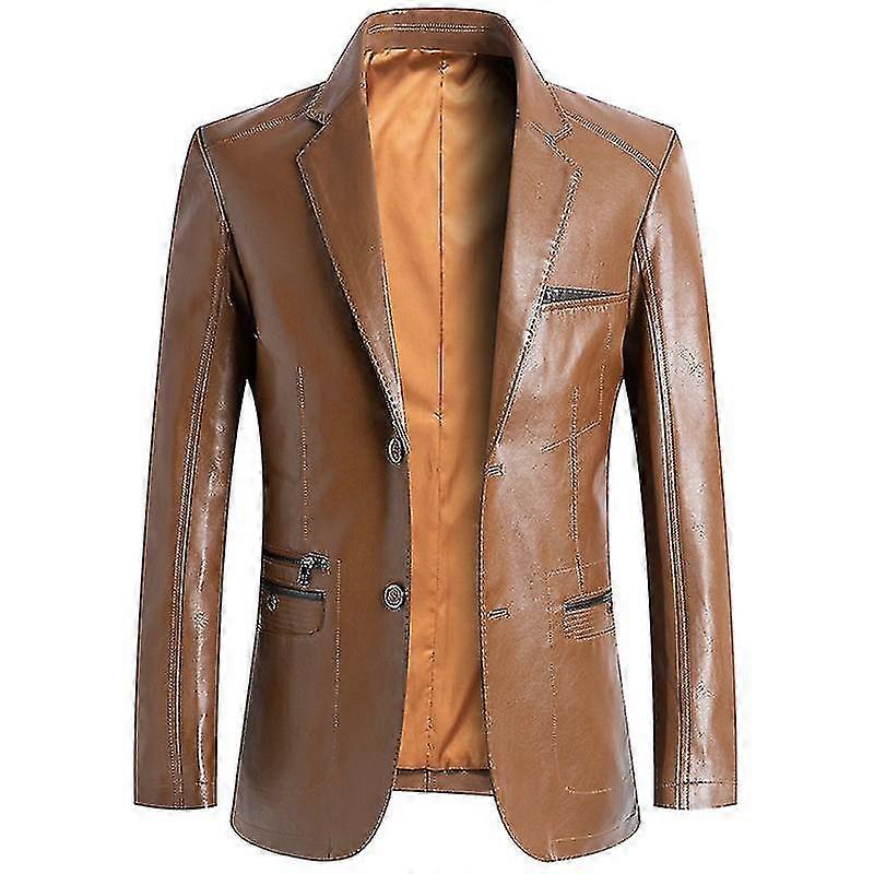 Mens Notched Lapel Button Down Business Lambskin Leather Jacket Blazer With Pockets