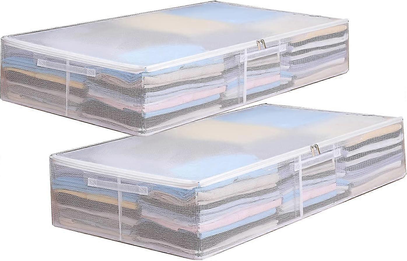 Pack of 2 Foldable Underbed Storage Bags, White Transparent Underbed Storage Box with Viewing Window Foldable Organizer, Under the Bed or on the Close