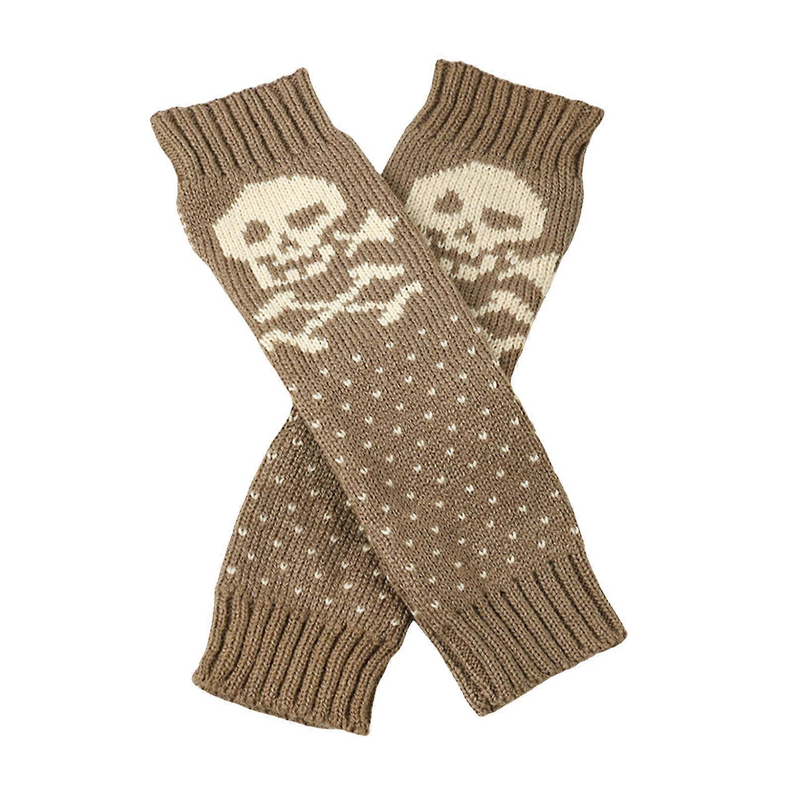 1 Pair Fall Winter Gloves Fingerless Skull Print Knitted High Elasticity Non-slip Arm Sleeves Keep Warm Windproof Halloween Style Unisex Cycling Arm C