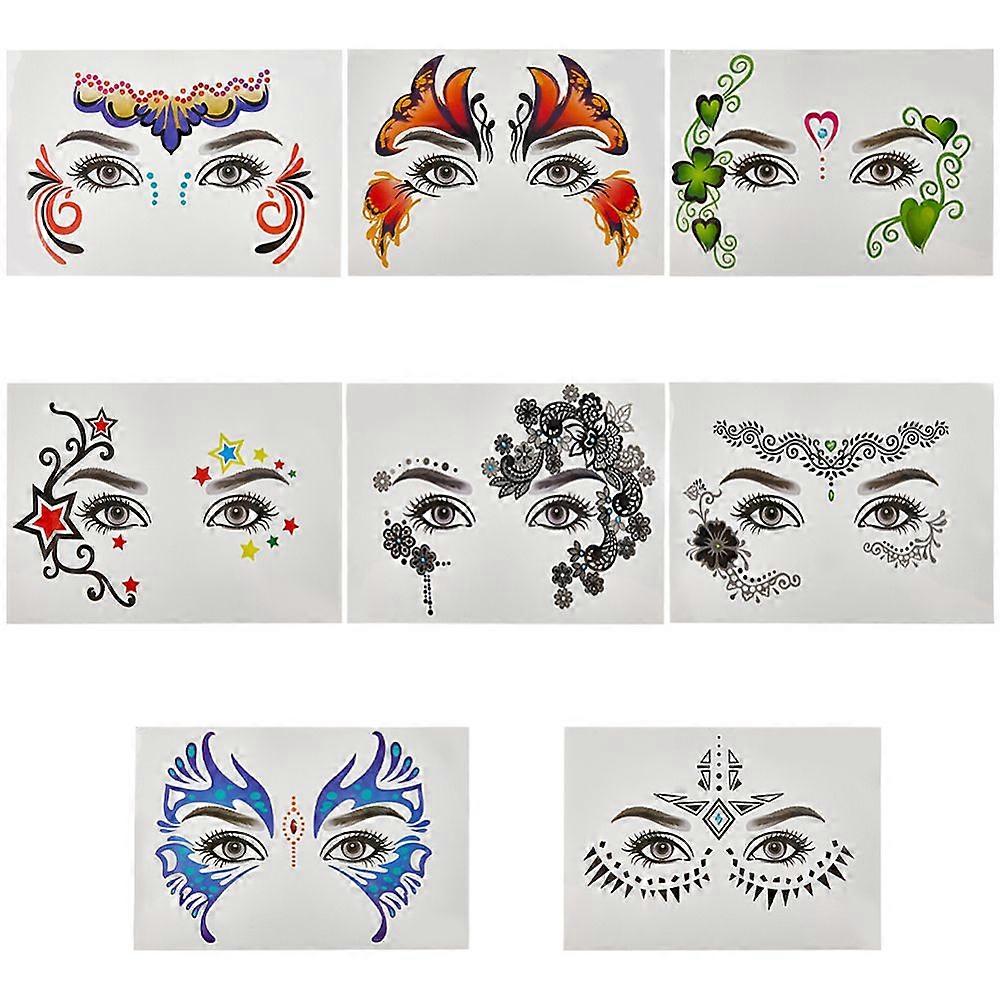 8 Sheets 8 Style Waterproof Self Adhesive Tattoo Stickers on Face for Halloween Christmas Masquerade Party Mixed Patterns 0.5~11.8x0.45~13.4cm 1 sheet
