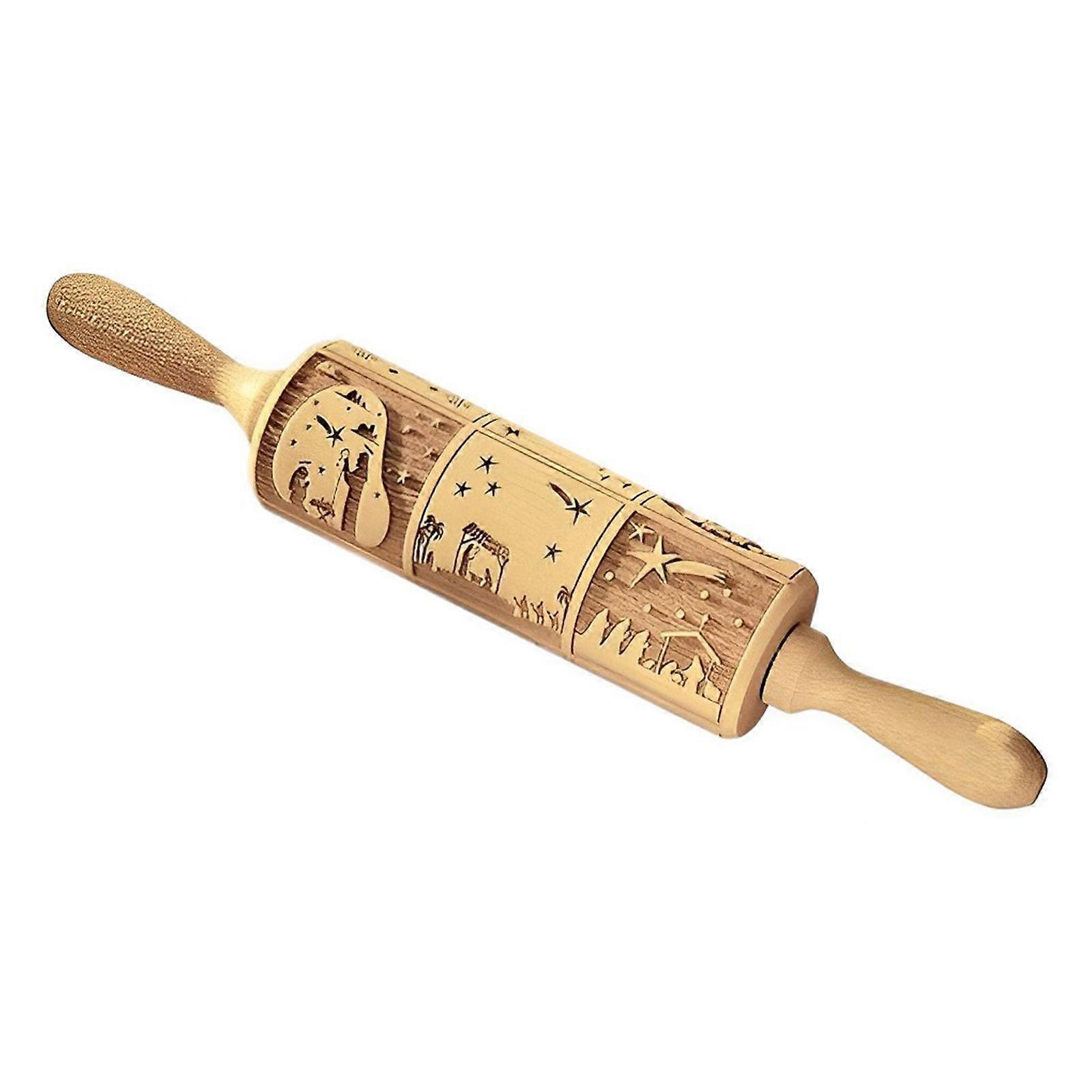 Nativity Engraved Rolling Pin Non-stick Wooden Embossed Engraved Rolling Pin 3D Dual Nativity Roller for Baking Tool Cookies Pie