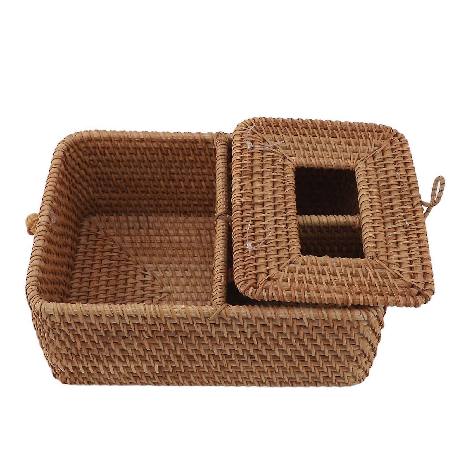 Rattan Tissue Box Square Handmade Decorative Napkin Holder with 2 Compartments Lid Remote Control Storage Organizer