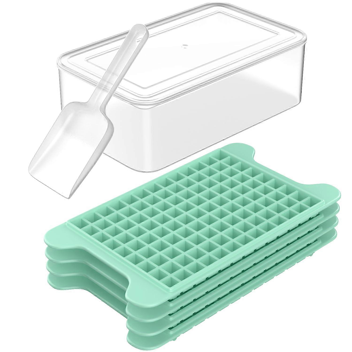 Mini Ice Cube Tray Set of 4 with Storage Bin for Freezer - Flexible Silicone Ice Maker Trays for Drinks and Cocktails