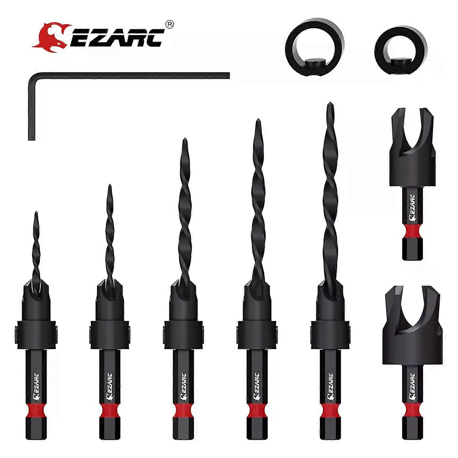 Ezarc 10/7Pcs Wood Countersink Drill Bit Set, Tapered Countersink Bit With 1/4" Hex Shank, Wood Plug Cutters And Stop Collars