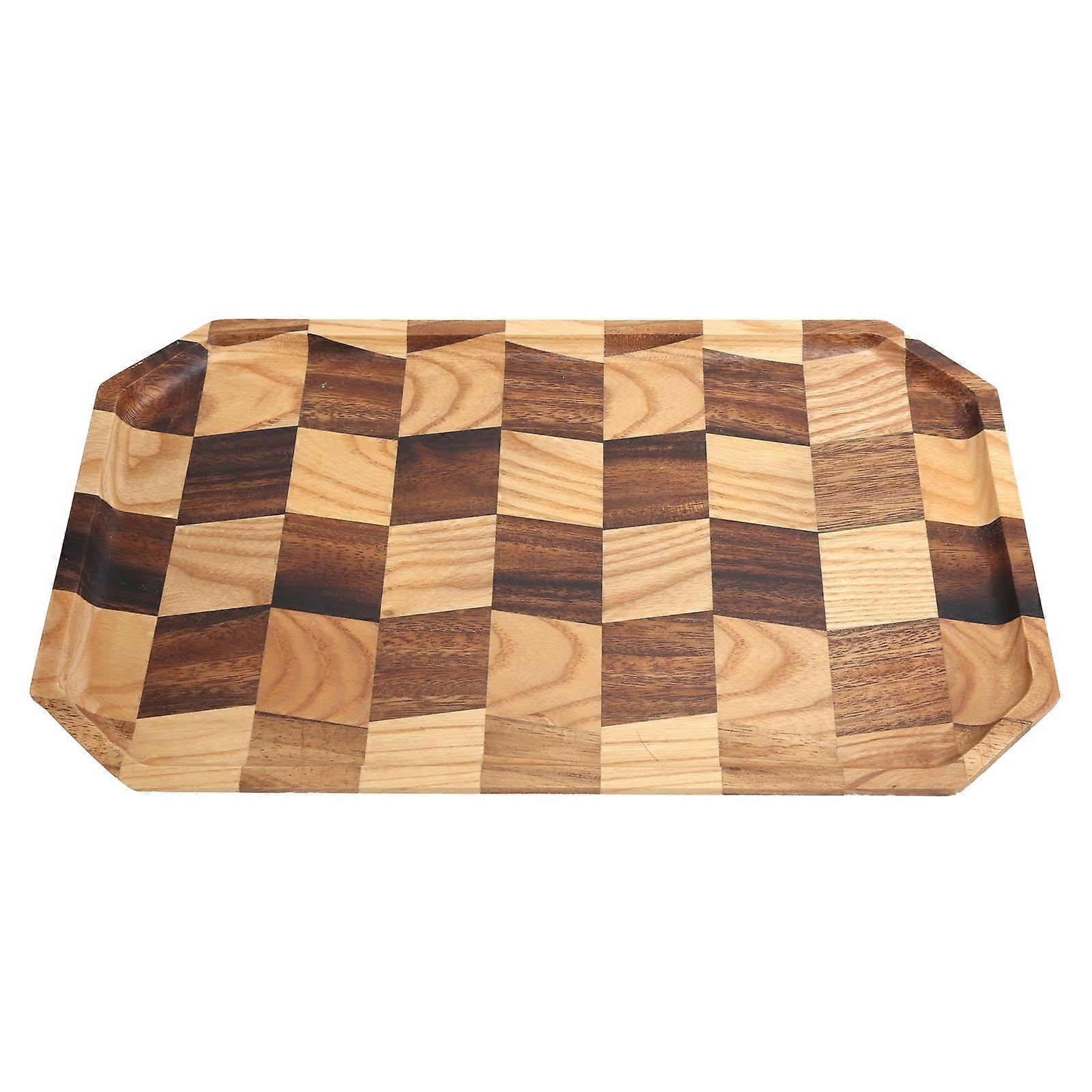 Wooden Tea Dessert Tray Rectangular Wood Serving Plate, Grid Pattern, Fruit Dishes, 12 x 6 Inch