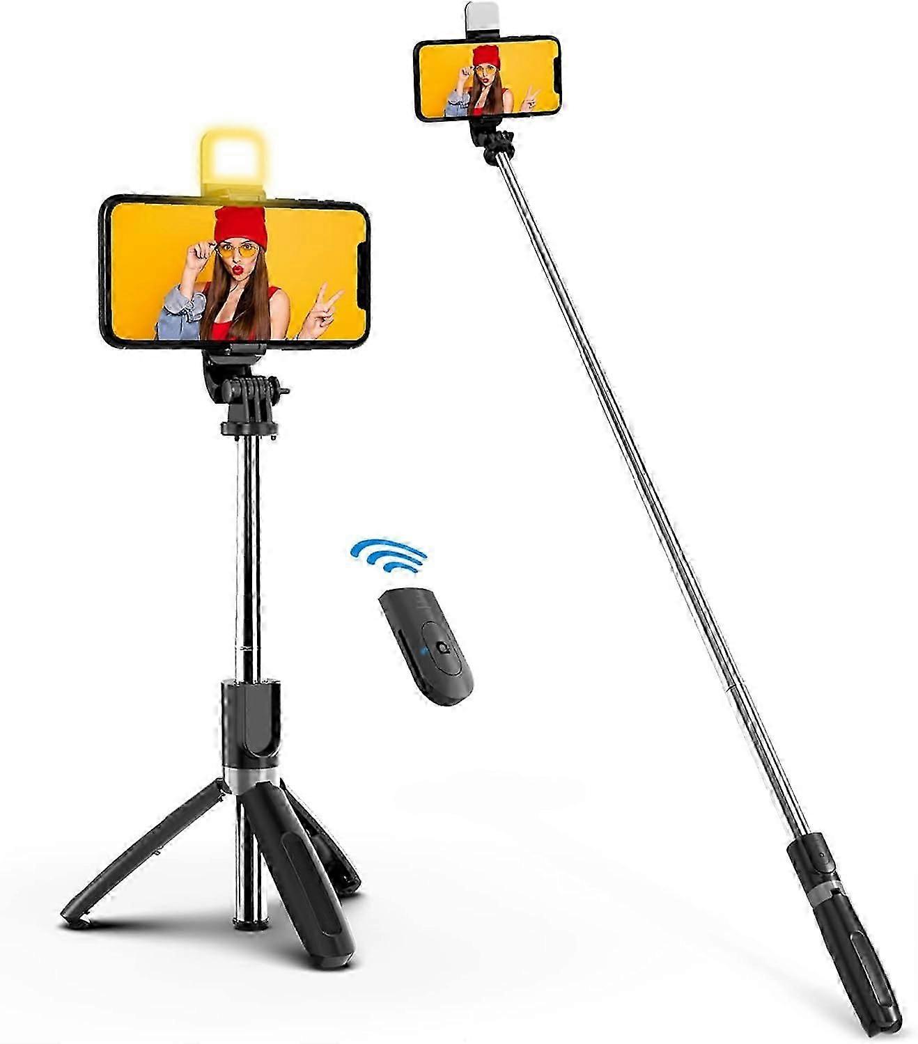 Portable selfie stick, handheld cell phone tripod with detachable wireless remote control, selfie stick tripod with fill light