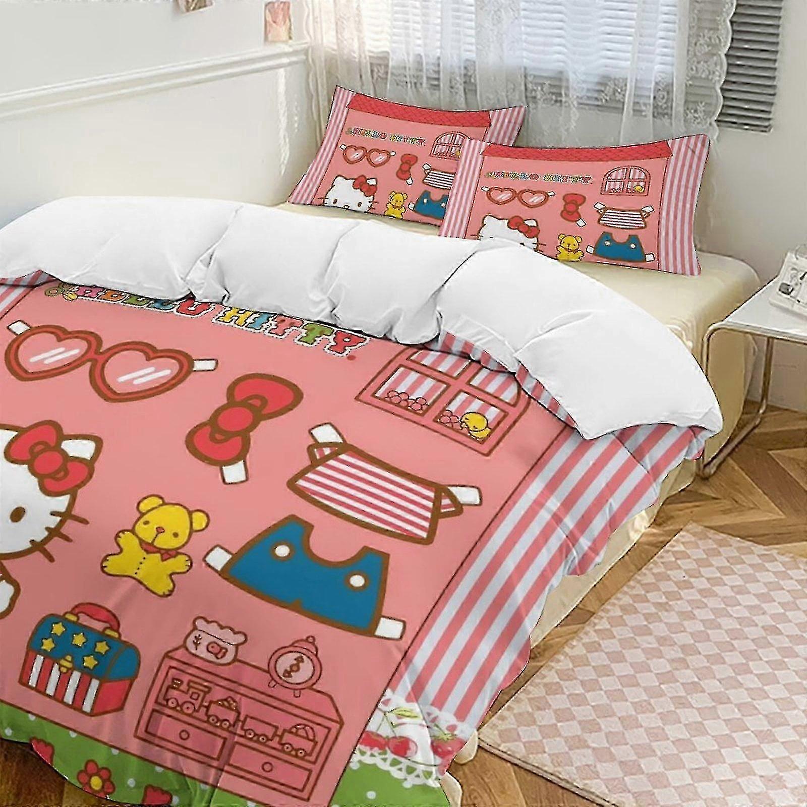 o2096 Lençóis Hello KittyConjunto de Cama Twin de 3 Peças - Inclui Edredom Individual e Fronhas de Cama - Microfibra Resistente ao Desbotamento - Hello Kitty Lc (1
