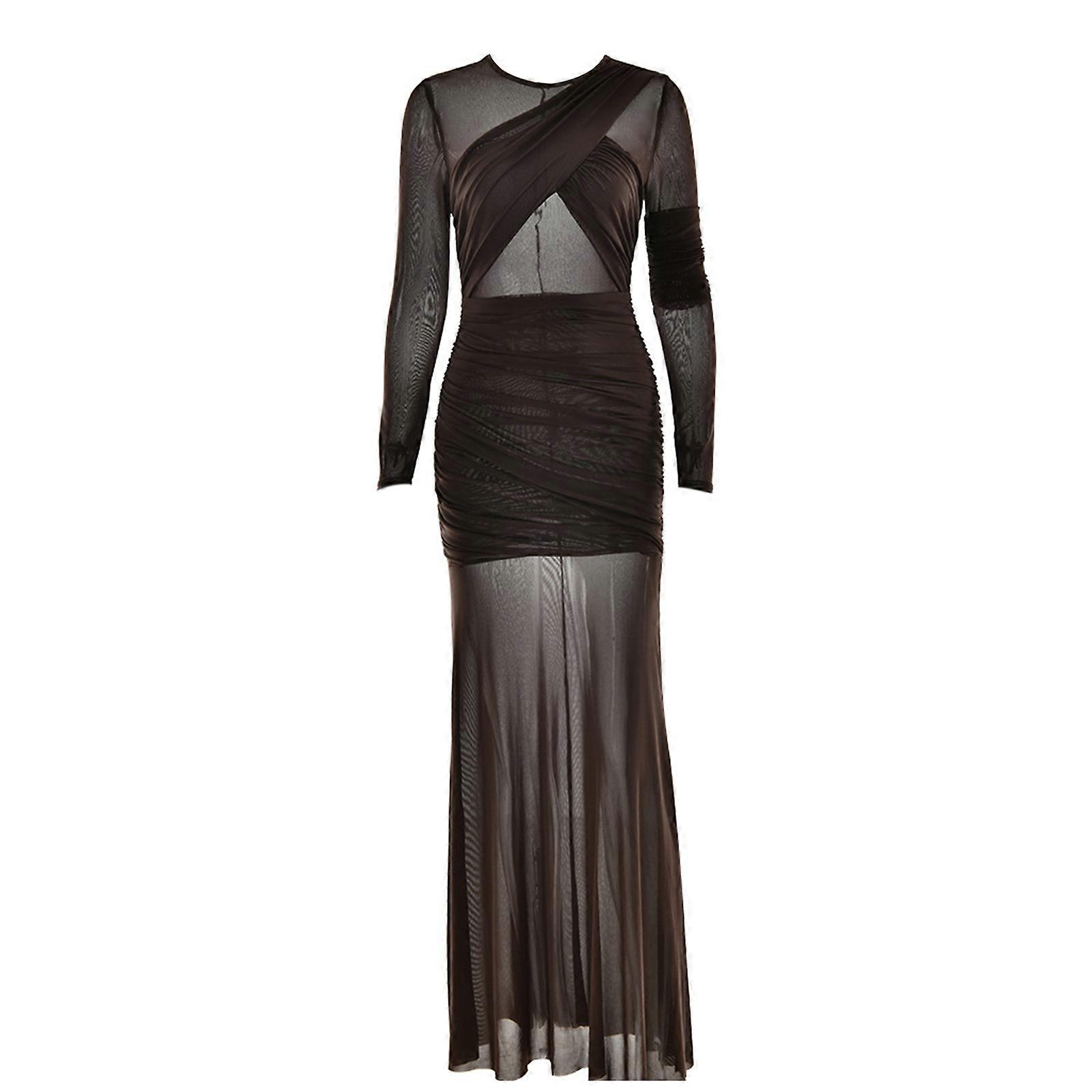 Mesh Patchworks Sheer Bodycon Dress for Women See Through Long Sleeve Round  Neck Maxi Dress Raves Party Clubwears Gifts brown L | Fruugo UK