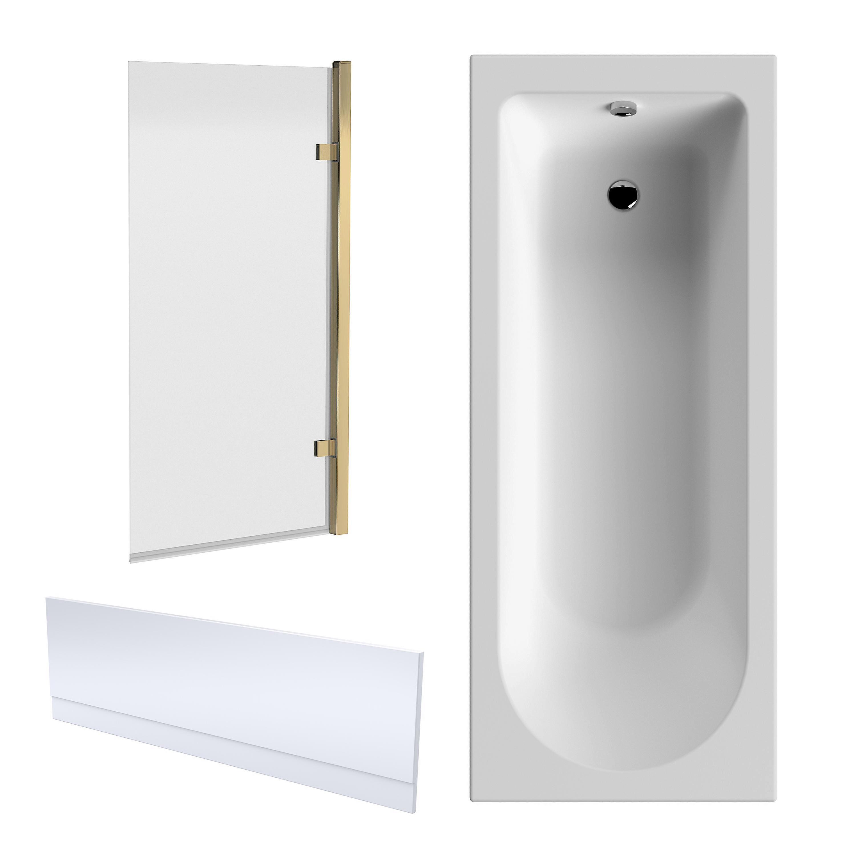 Round Single Ended 1700x700 Shower Bath Set - Front Panel, Square Bath Screen - Brushed Brass