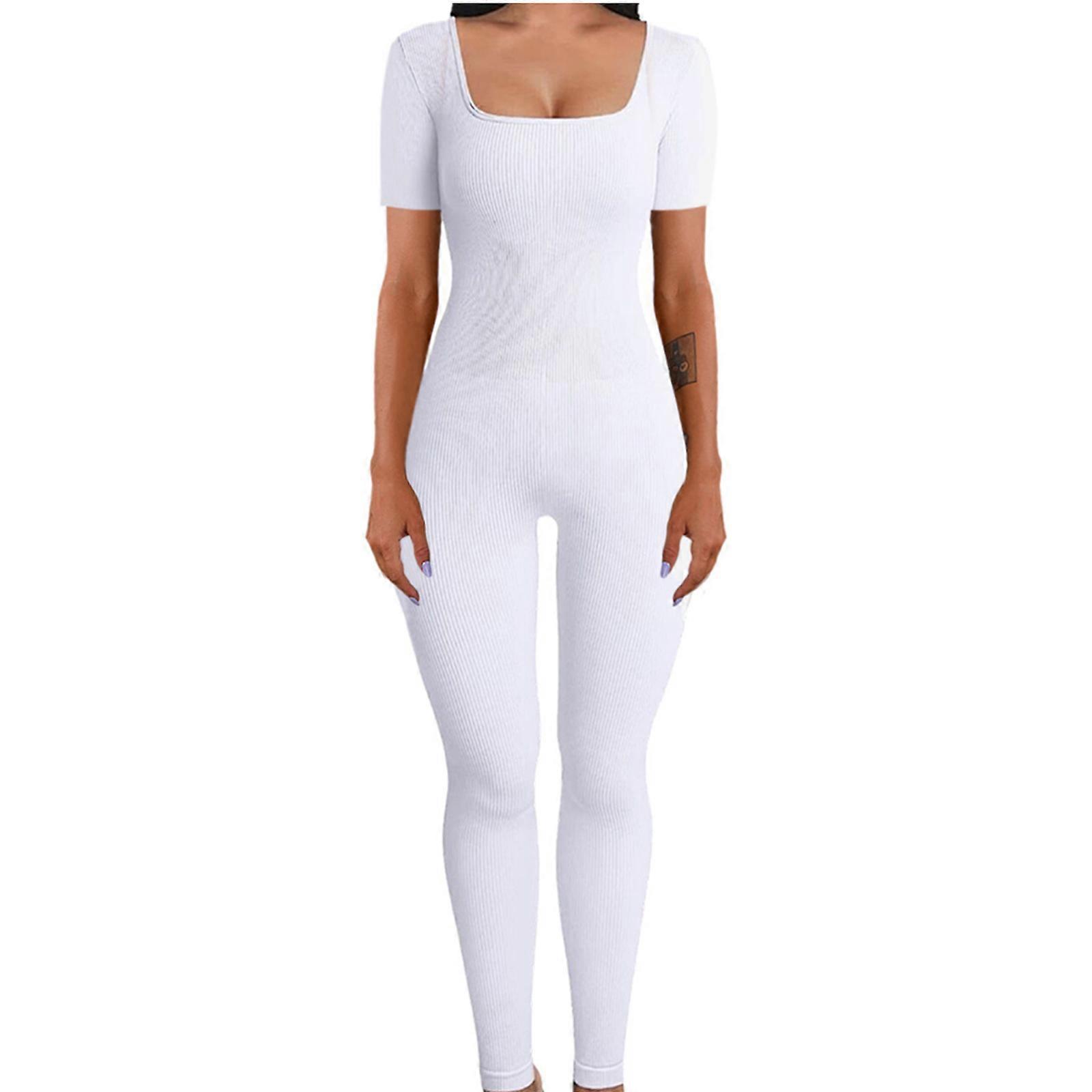 Summer Yoga Outfit Workout Seamless-Short Sleeves Sport Romper Insgranm Fashion Style Suit for Fitness Sports  White XL