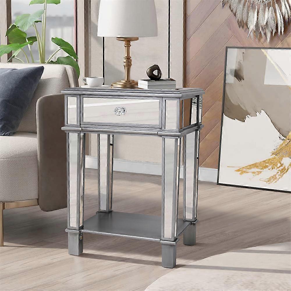 Mesa de Cabeceira Espelhada Prateada com Gaveta