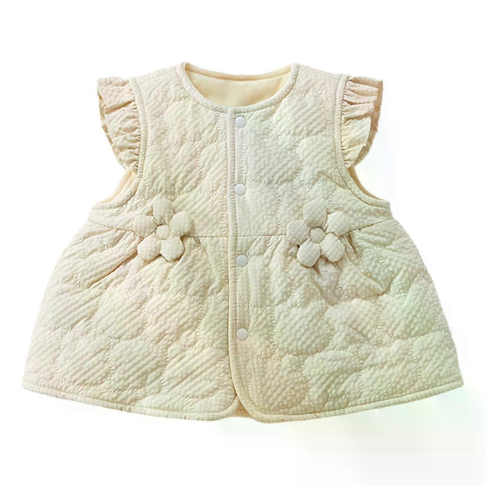 طفل صغير للفتيات الخريف والشتاء ملابس لطيف زهرة سترة سترة لون صلبة بلا أكمام مكشكش أزرار سميكة معطف صدرية