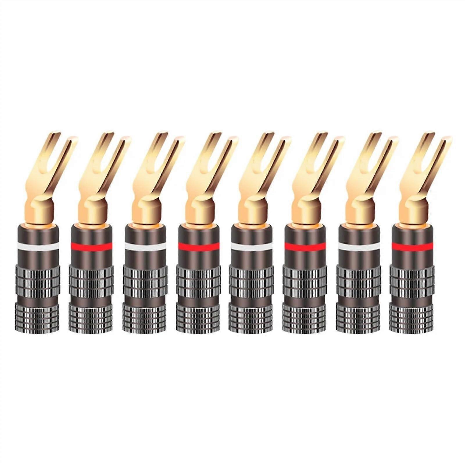 8pcs Y Style Spade Banana Plug Gold Plated Solderless Speaker Cable Connectors, 4 Red & 4 White Tuning Fork Style