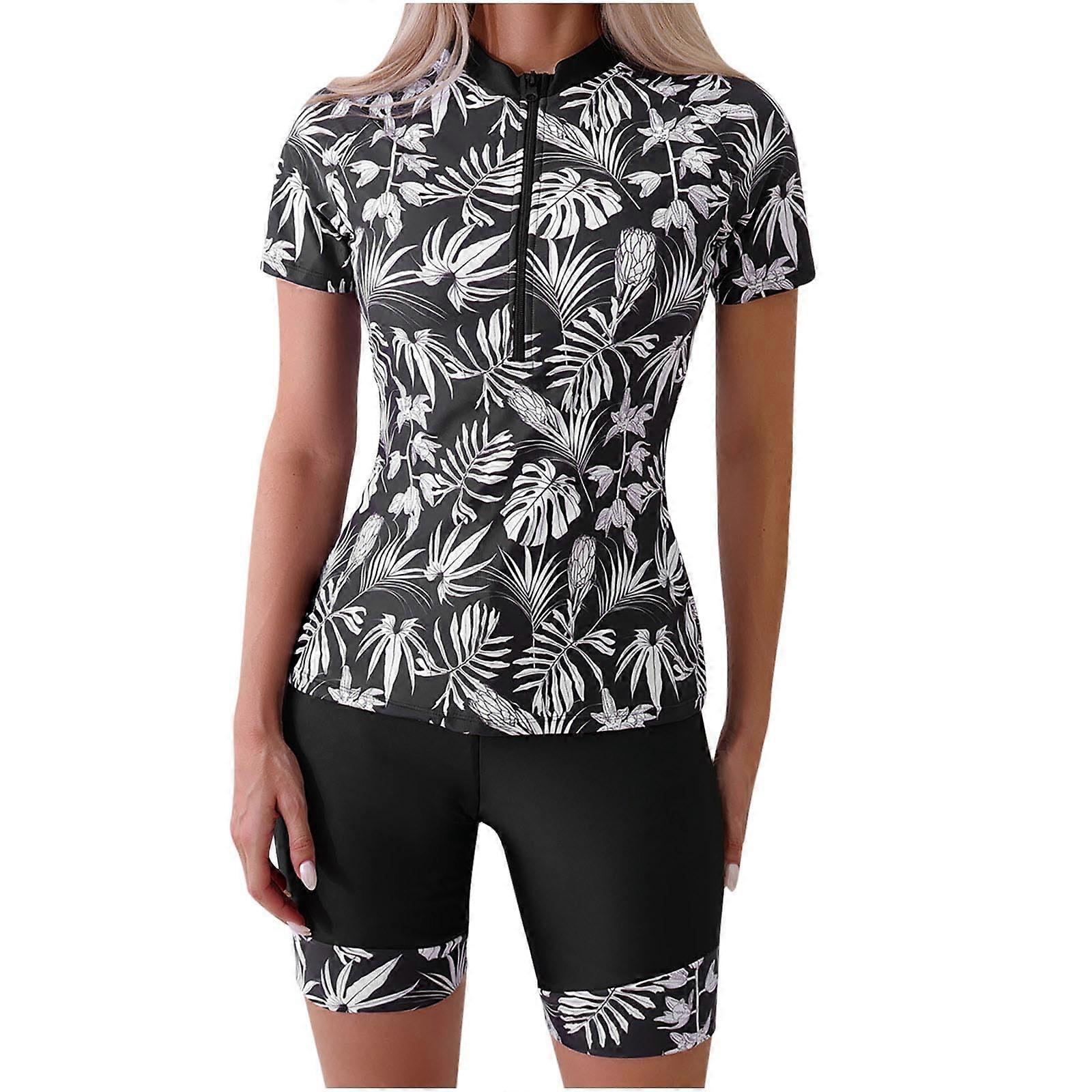 Women's Two-Piece Rash Guard Swimsuit Set With Front Zip, Short Sleeve Shirt And Shorts, Size L