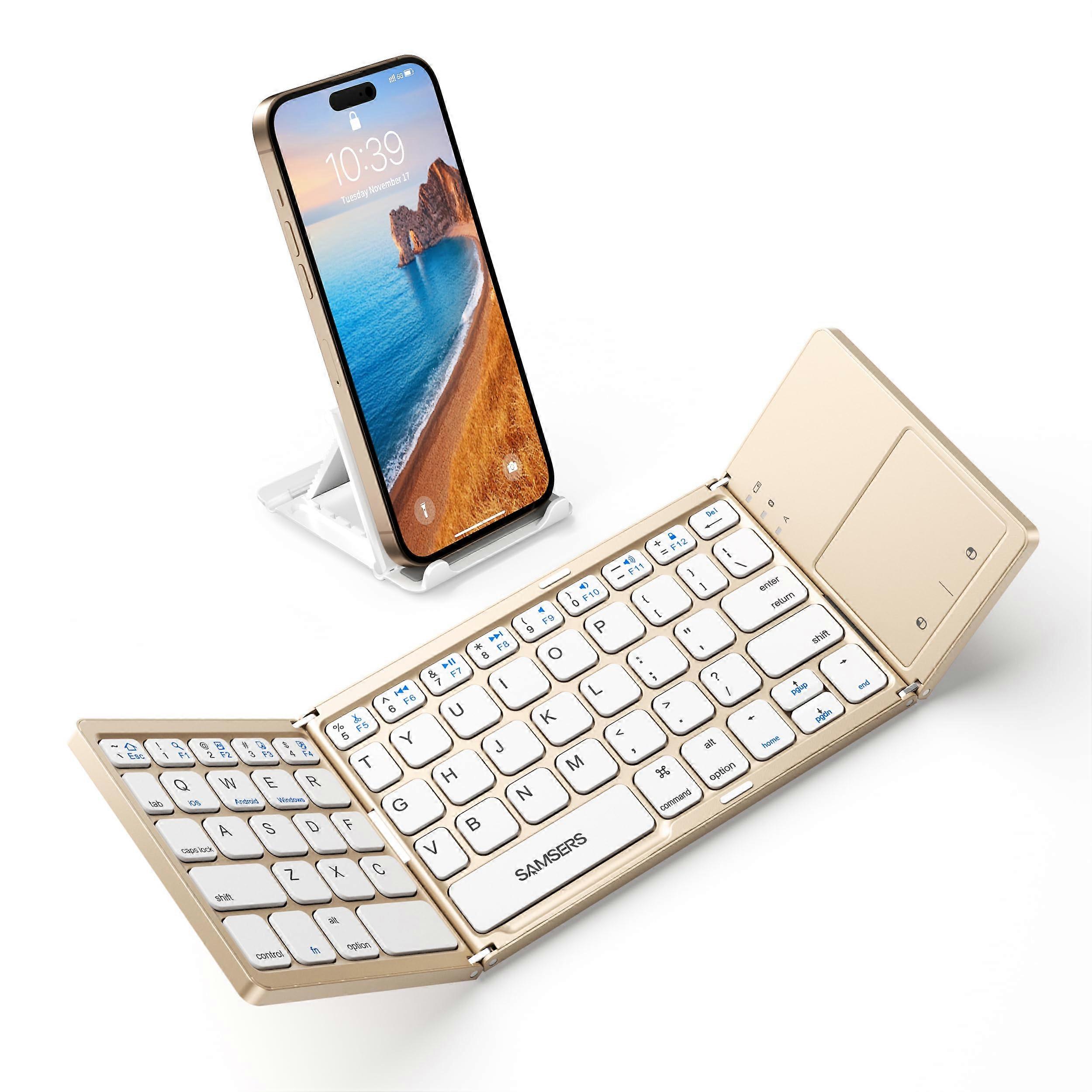 Foldable Bluetooth Keyboard with Touchpad  Wireless Keyboard with Holder, Gold