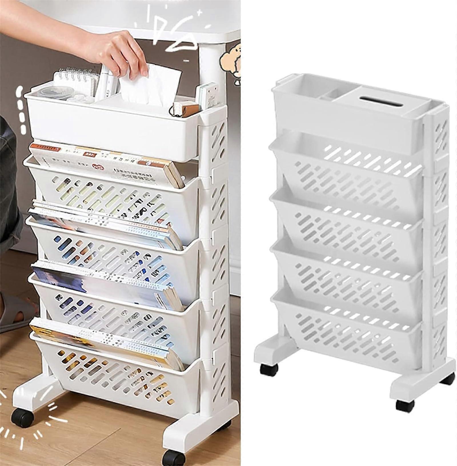 5 Tier Book Rack Storage Bookshelf, Removable Unique Movable Bookcase, Movable Cart with Wheels