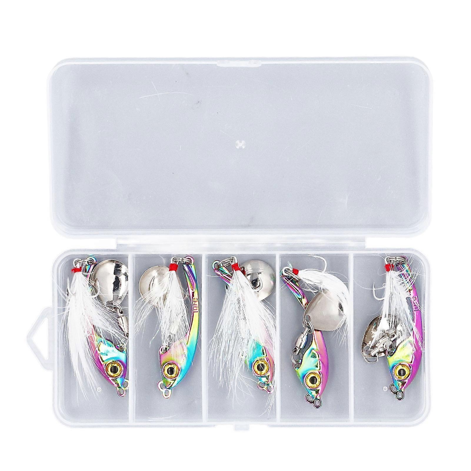 5pcs Fishing Lure Spinnerbait Bass Trout Salmon Spinner Baits Kit with Tackle Box Feathered Treble Hooks