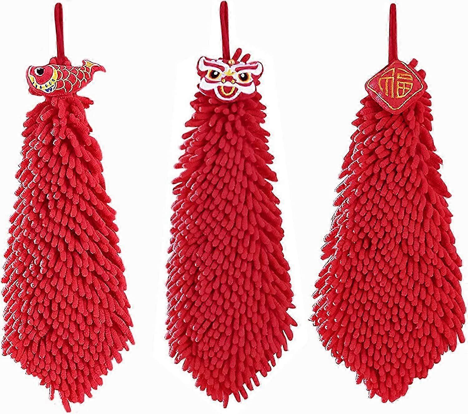 3 Pack Chenille Hanging Hand Towels Soft (Lion+Koi+Blessing)