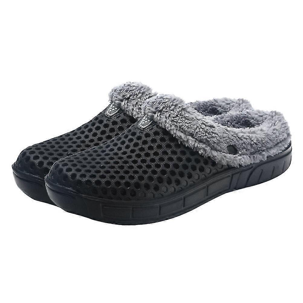 1 Pair Of Classic Lined Clog Warm Fuzzy Slipper Slid On Slippers (black)