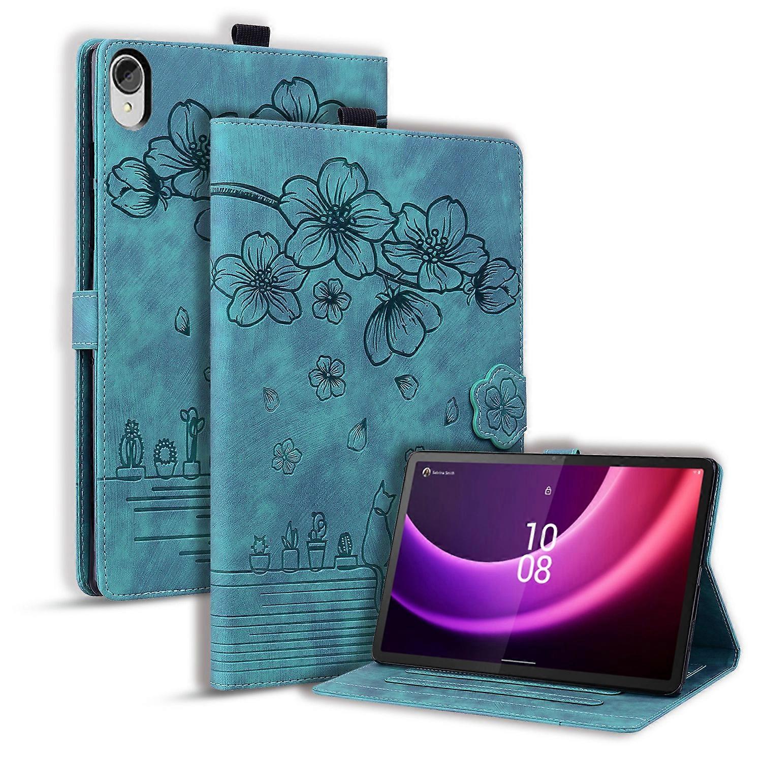Cartoon Sakura Cat Embossed Leather Tablet Case
