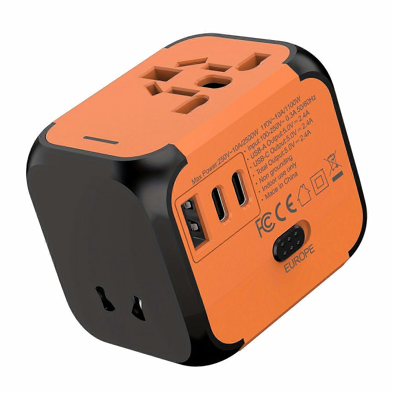 2500W Global Power Plug Converter with USB/Type-C Port orange