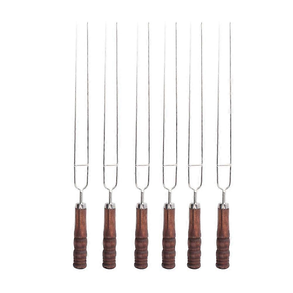 Barbecue Skewers for Grilling - Stainless Steel Kabob Skewers, 6 Pack, 2 Prong Roasting Sticks with Wooden Handle