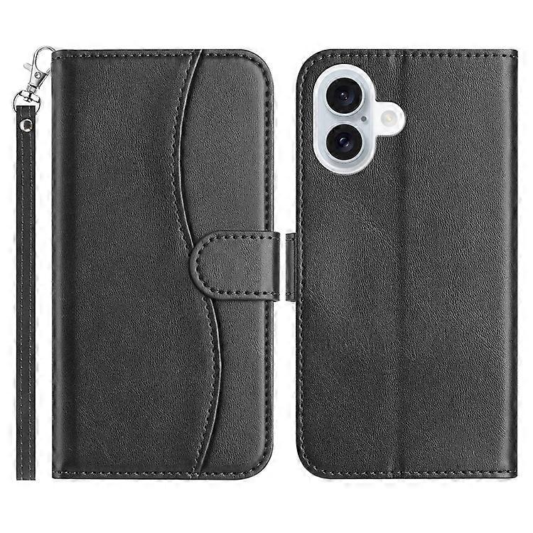 Compatible For iPhone 16 Stand Case with Strap PU Leather Wallet Phone Cover S Shape Stitching Design
