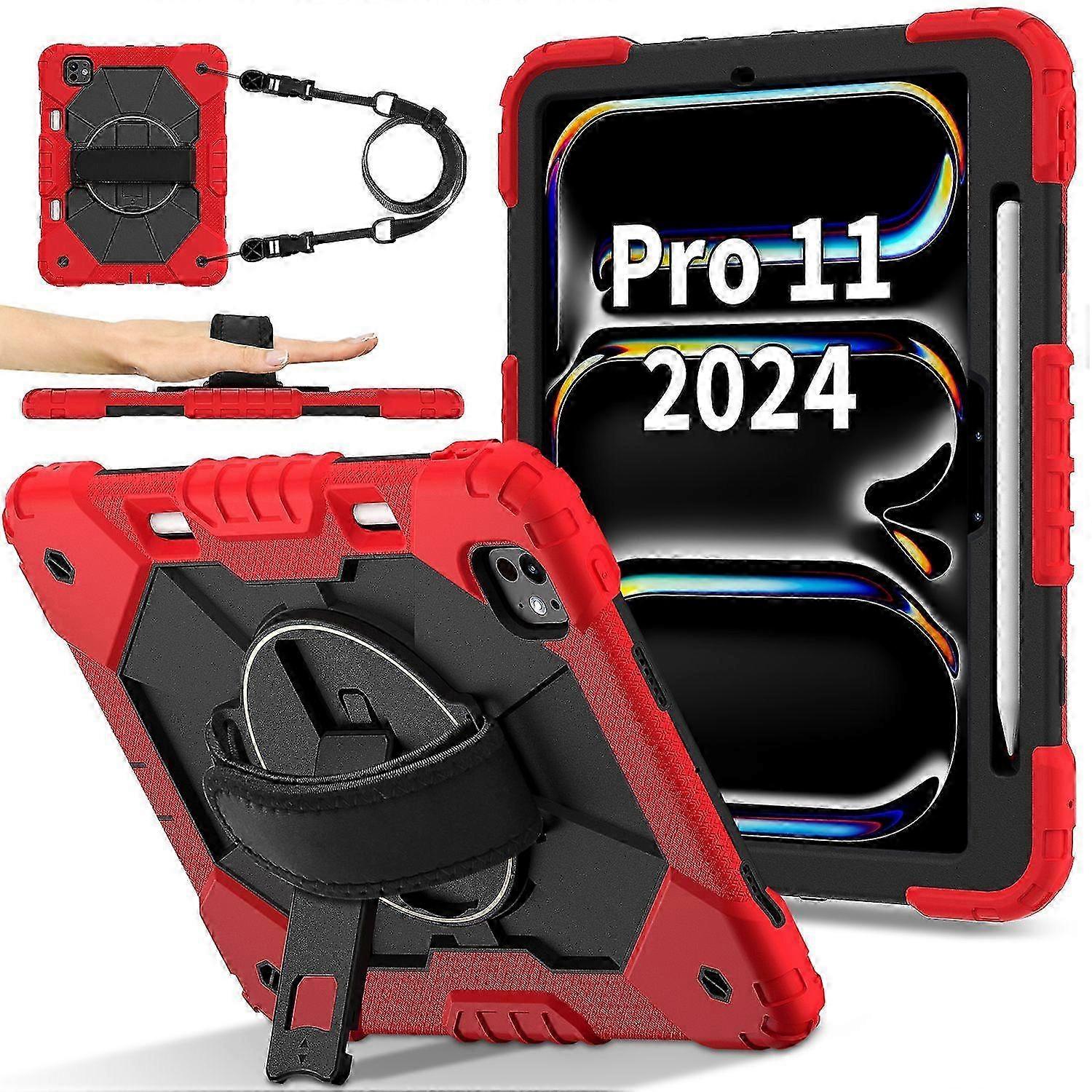 Case Kickstand Silicone+PC Tablet Cover with Shoulder Strap for iPad Pro 11 (2024)