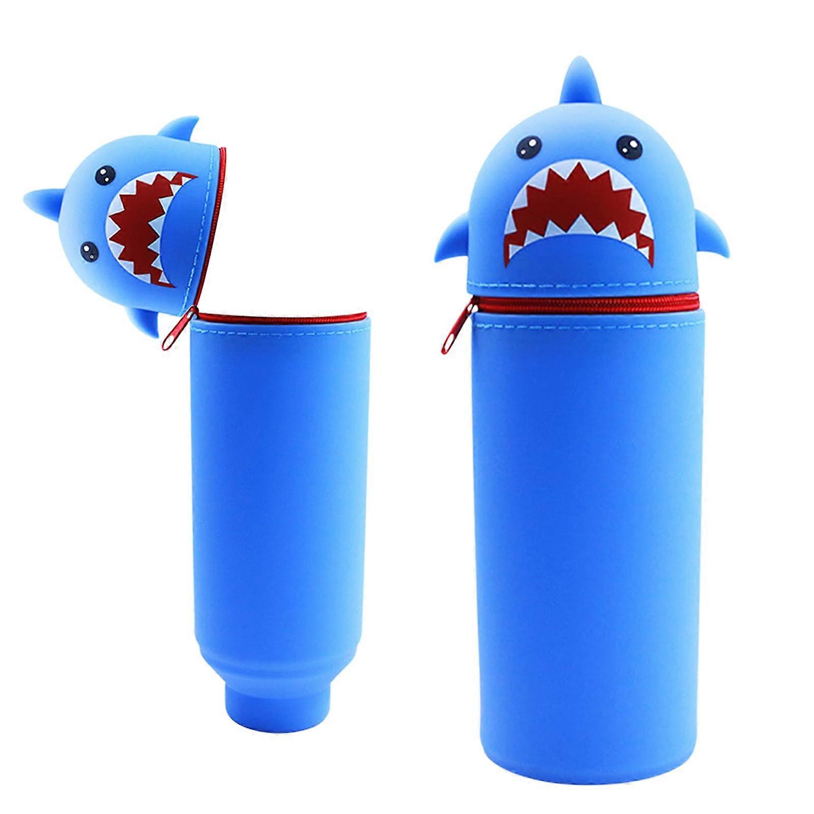 2 in 1 Soft Silicone Kawaii Pencil Case - Cute Cartoon Blue Shark Design, Modern Portable School Supplies for Kids