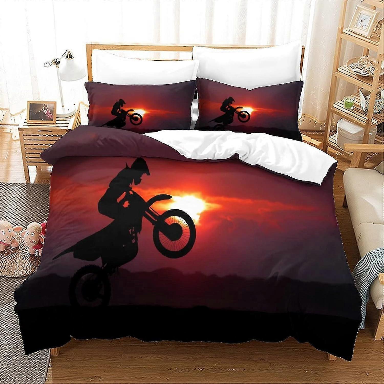 Conjunto de capa de edredão impresso em 3D com tema de motocicleta com zíper Conjunto de cama de colcha de fácil cuidado com fronhas