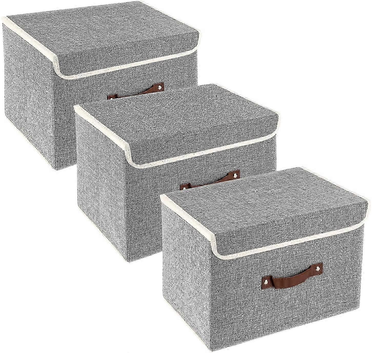 3-Pack Foldable Linen Storage Bins with Lids and Handles in Grey
