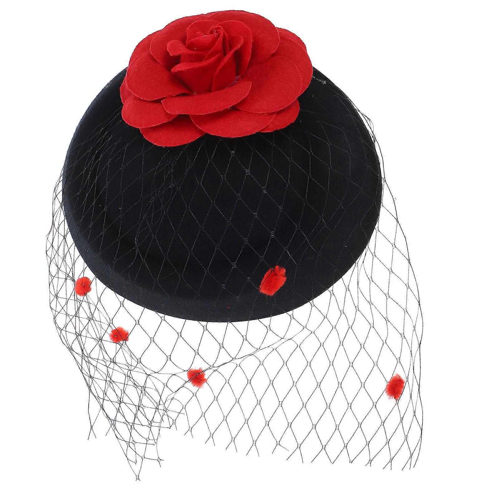 Fascinator Headband Mini Hat With Artificial Rose Flower Net Decorated Punk Style 1Set