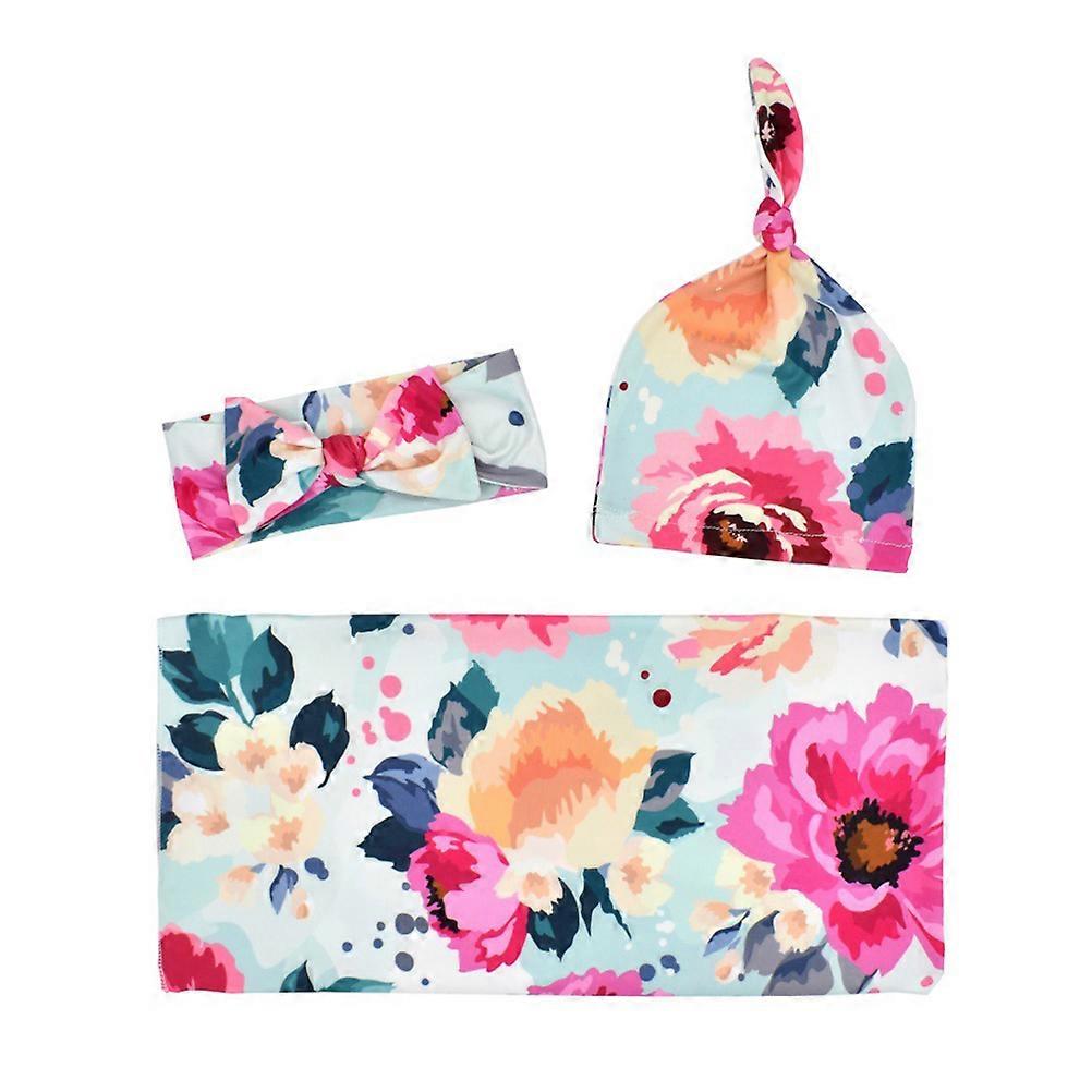 Newborn Printed Towel Hat Headband Set Floral Design, Lightweight & Durable, for Boys & Girls, Outdoor Use, Family Friendly, Blue