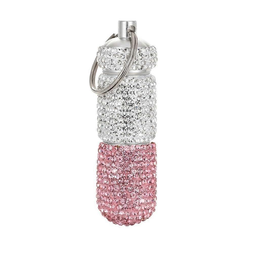 Portable Bling Pill Box with Keychain, Rhinestone, 2 Compartments (White/Pink)