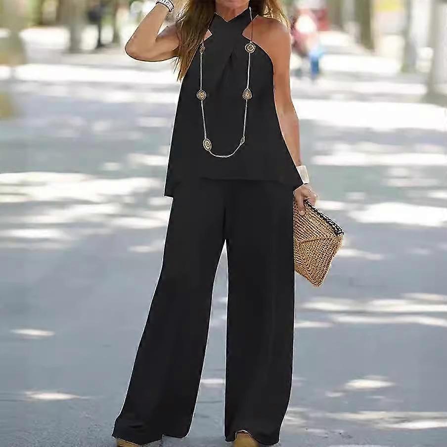 Women's Set Casual Halter Solid Color Sleeveless Top Straight Pants Two-piece Set