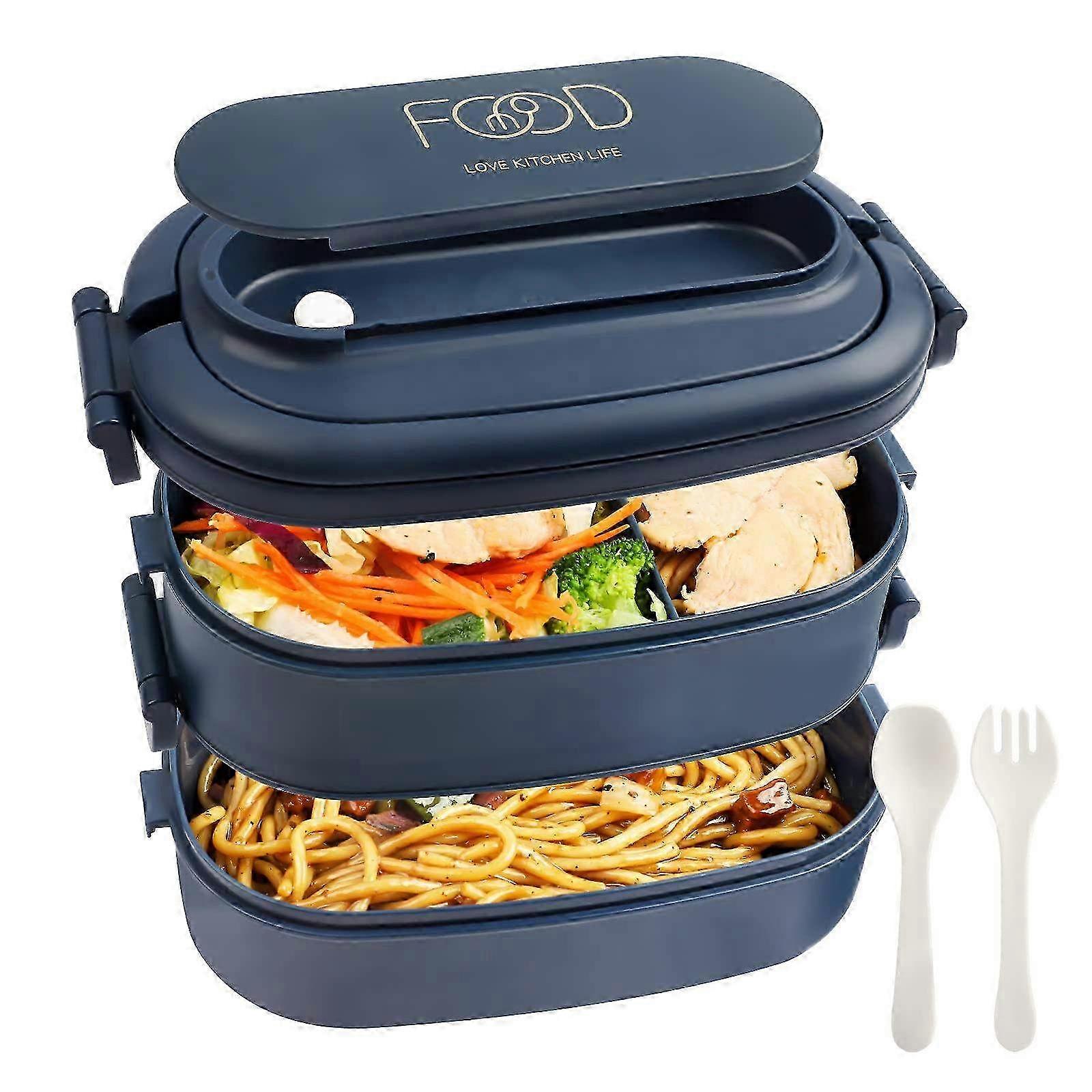 2-Tier Lunch Box with 3 Compartments - 1550ml Adult Bento Box with Cutlery - Microwave Safe, Stylish Blue Design for Meal Prep
